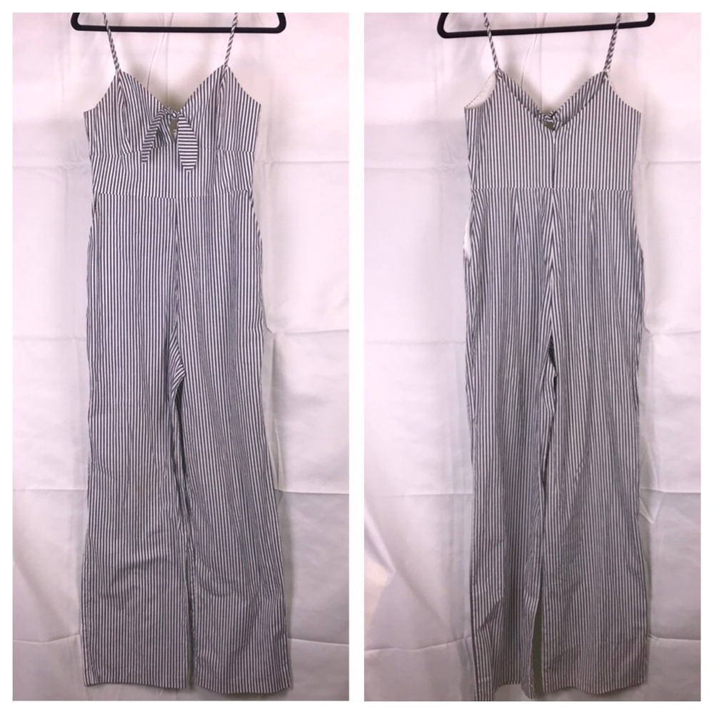 Striped Spaghetti-Strap Jumpsuit in Navy/White